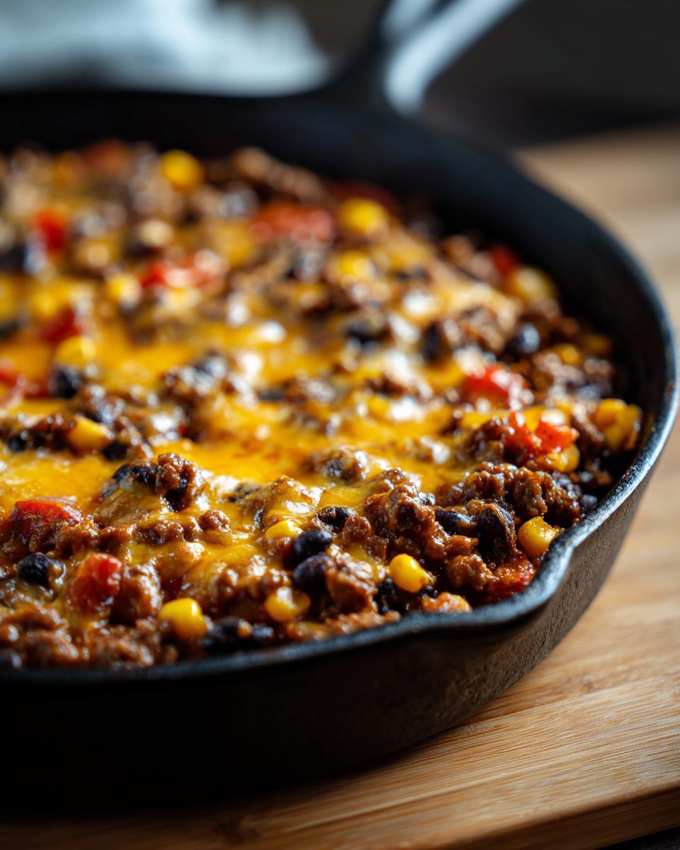 Close-up of a beef taco skillet with melted cheese, black beans, corn, and diced tomatoes.