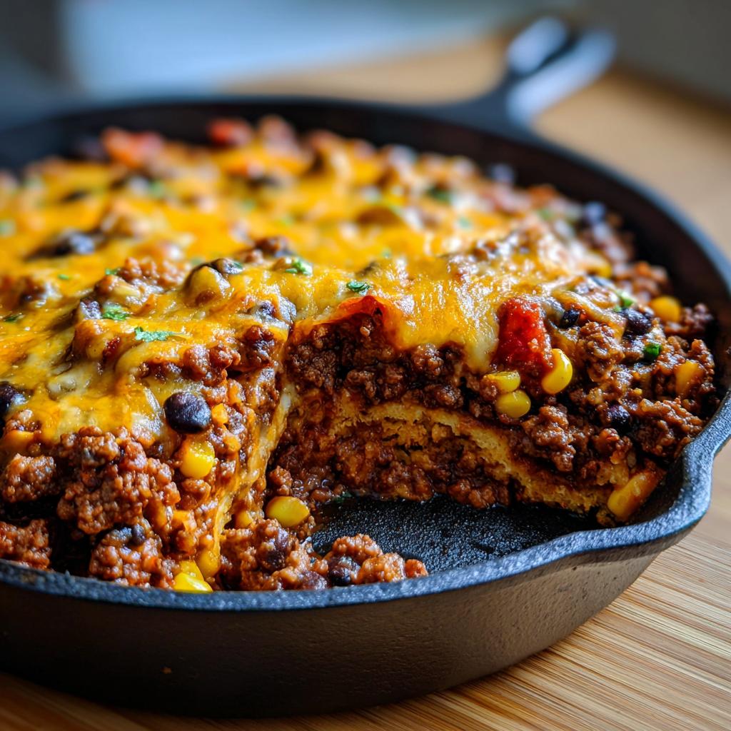 A close-up of a beef taco skillet with layers of seasoned ground beef, black beans, corn, and melted cheese.