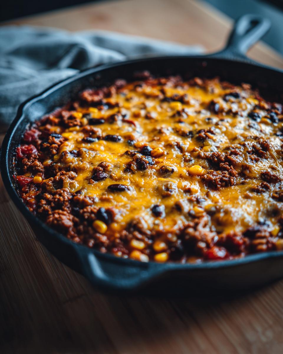 A close-up of a beef taco skillet with melted cheese, beans, and corn, perfect for easy dinner recipes.