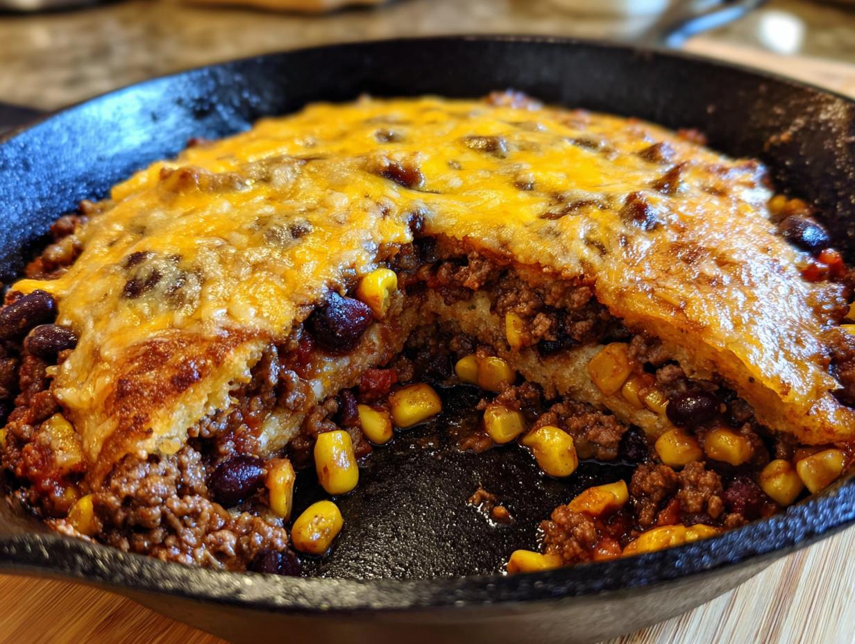 A close-up of a beef taco skillet with layers of seasoned ground beef, corn, black beans, and melted cheddar cheese.