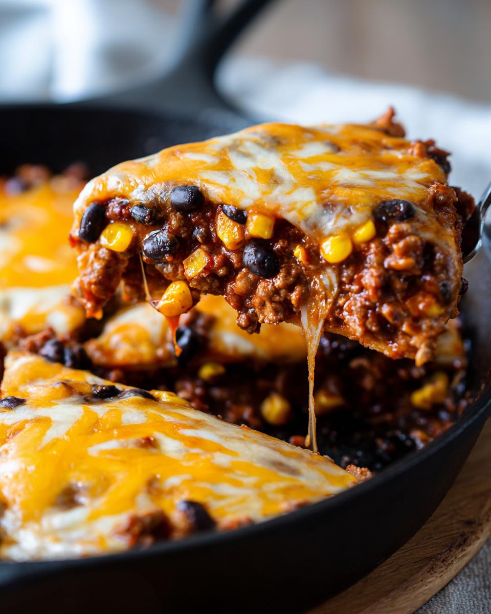 A slice of beef taco skillet with black beans, corn, and melted cheese being lifted from a cast iron skillet.