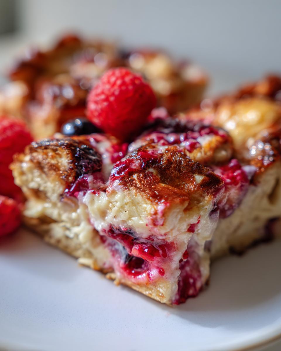 A close-up of a slice of Berry French Toast Bake, showcasing fresh raspberries and a creamy custard.