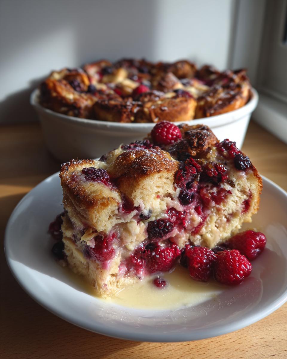 A delicious slice of Berry French Toast Bake, perfect for weekend brunch, with fresh berries and custard.