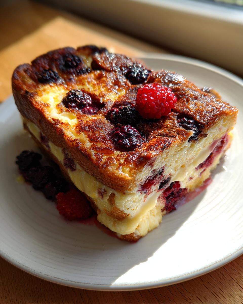 A delicious slice of Berry French Toast Bake, perfect for weekend brunch, with fresh berries and a golden crust.