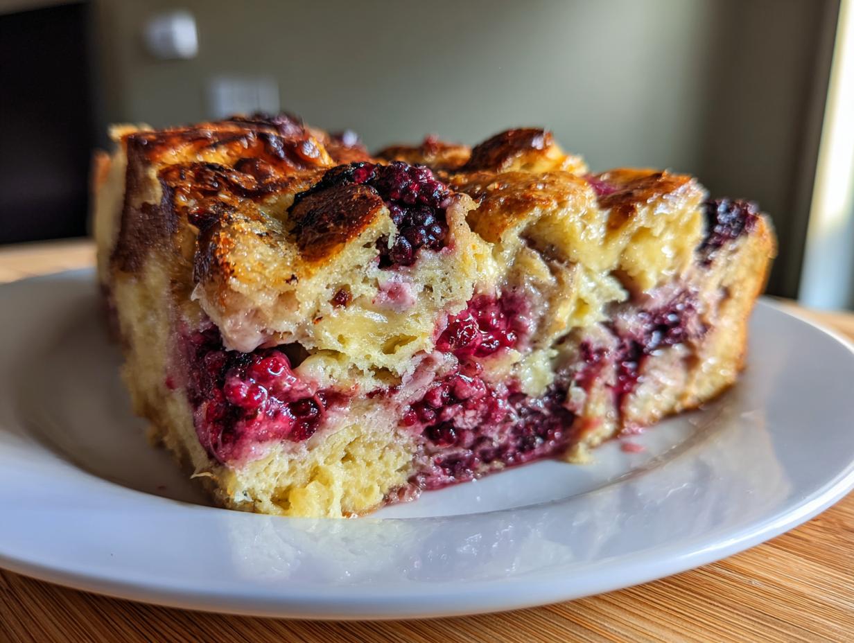 A slice of Berry French Toast Bake on a white plate, showcasing layers of bread, custard, and juicy berries.