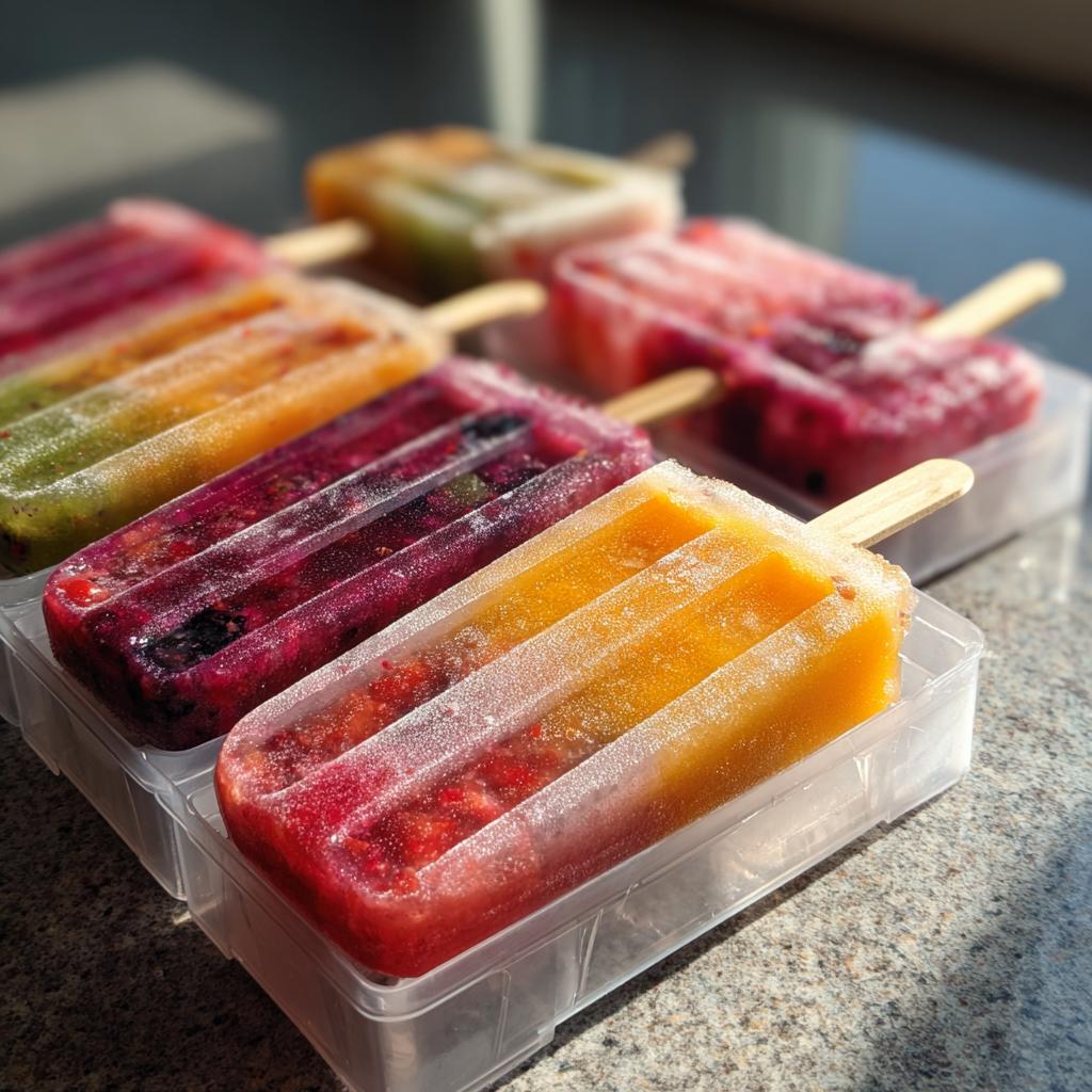 A close-up of several colorful berry popsicles in plastic molds, perfect for Fourth of July desserts.