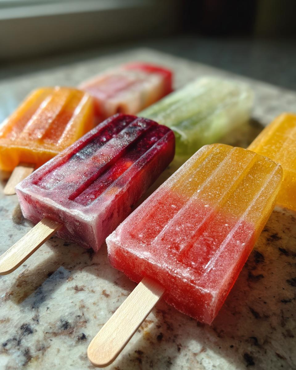 A selection of colorful berry popsicles, perfect for Fourth of July desserts, arranged on a speckled surface.