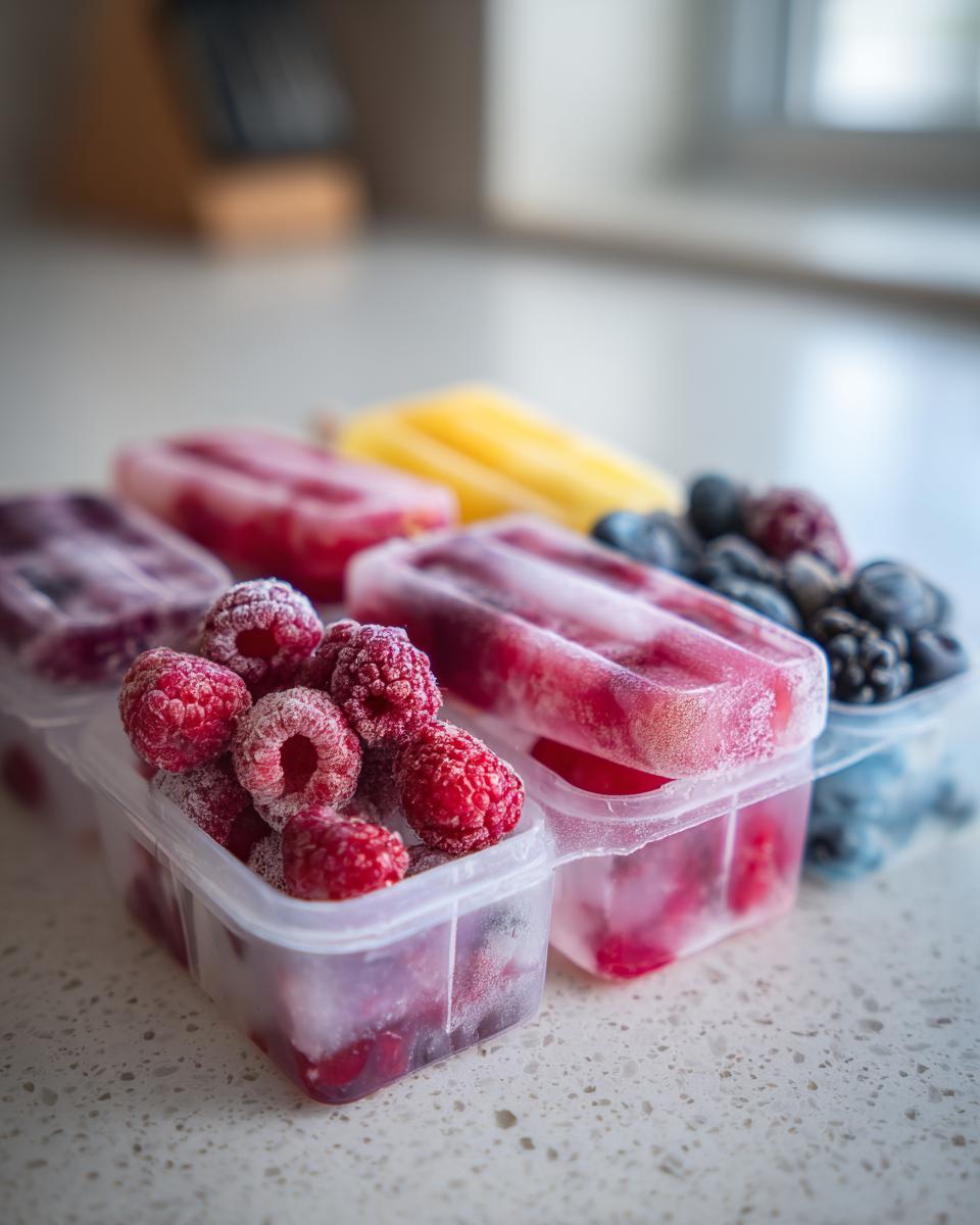 Close-up of berry popsicles and fresh berries in containers, perfect for Fourth of July Desserts.