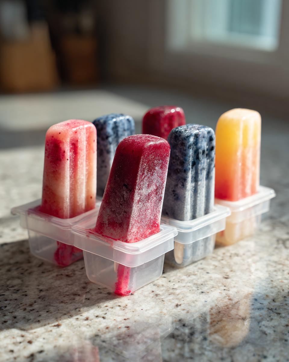 A tray of colorful berry popsicles, perfect for Fourth of July desserts, melting slightly in the sun.