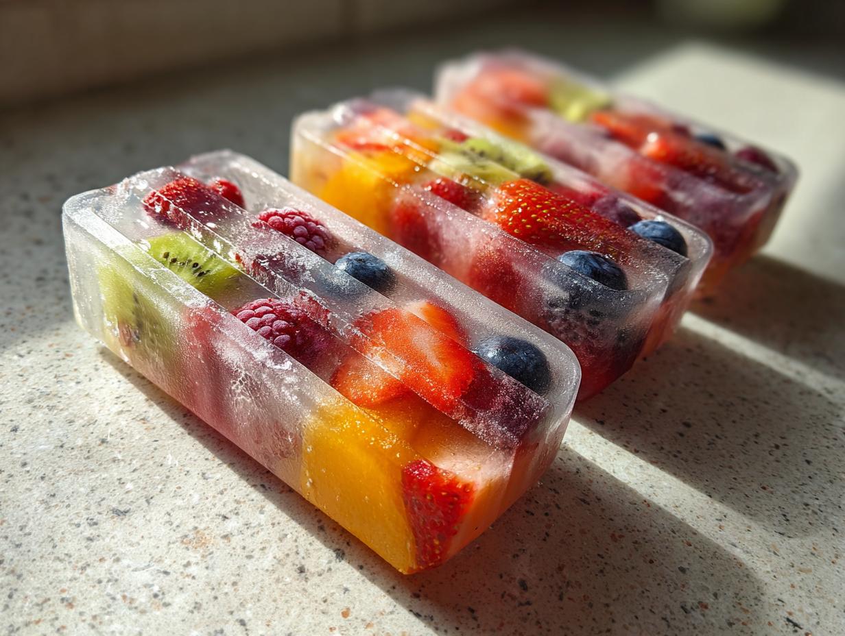 Close-up of three berry popsicles frozen with strawberries, blueberries, raspberries, and kiwi slices.