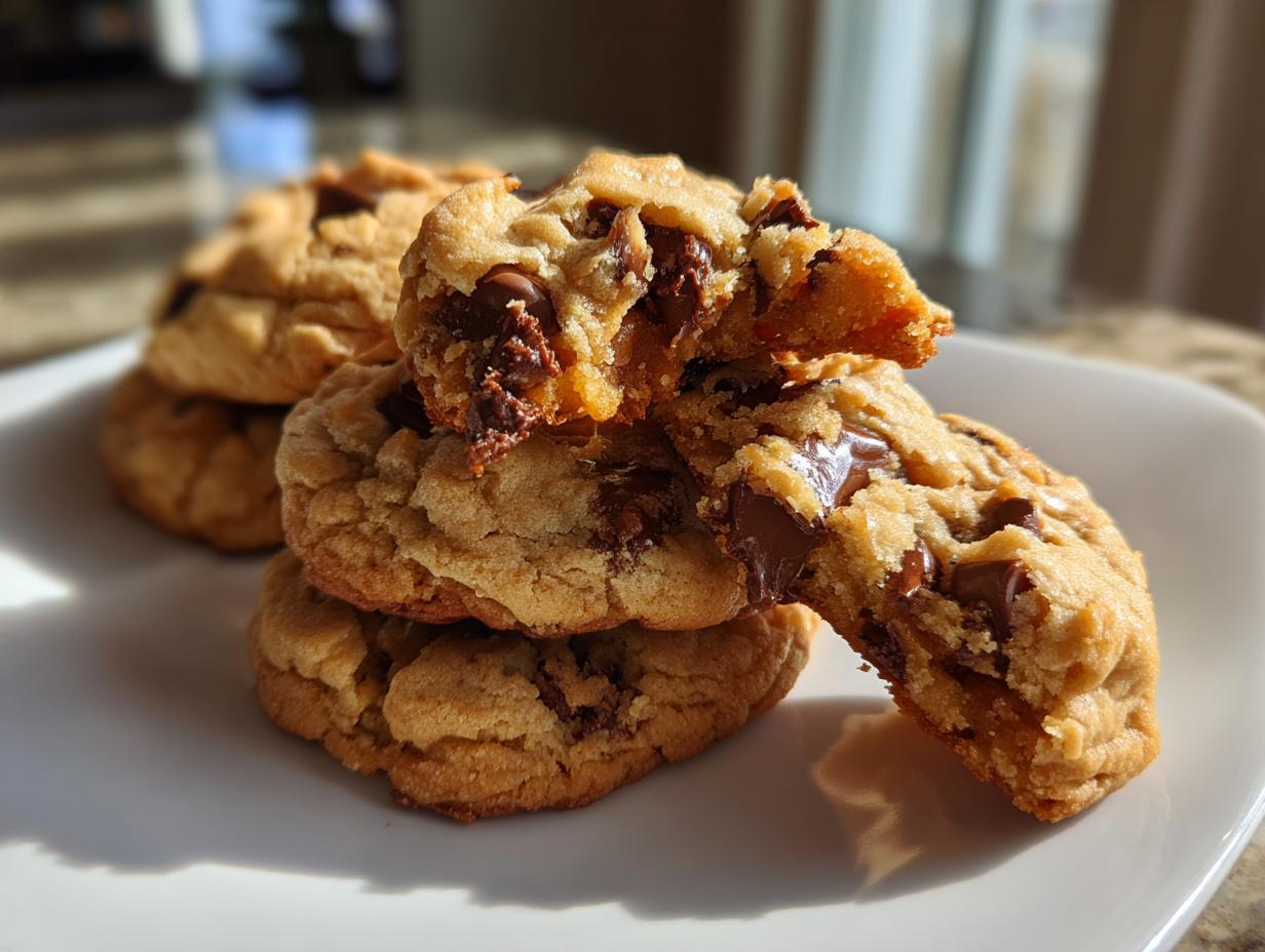 Close-up of a stack of freshly baked brown butter chocolate chip cookies, one broken open to reveal gooey chocolate.