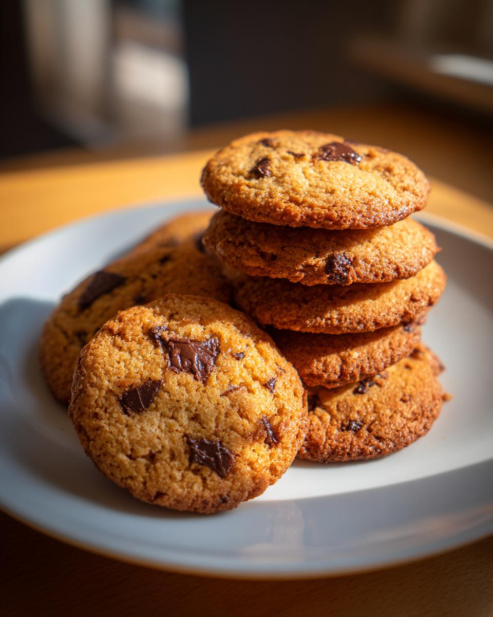 A stack of delicious brown butter chocolate chip cookies on a white plate, showcasing their bakery-fresh appearance.