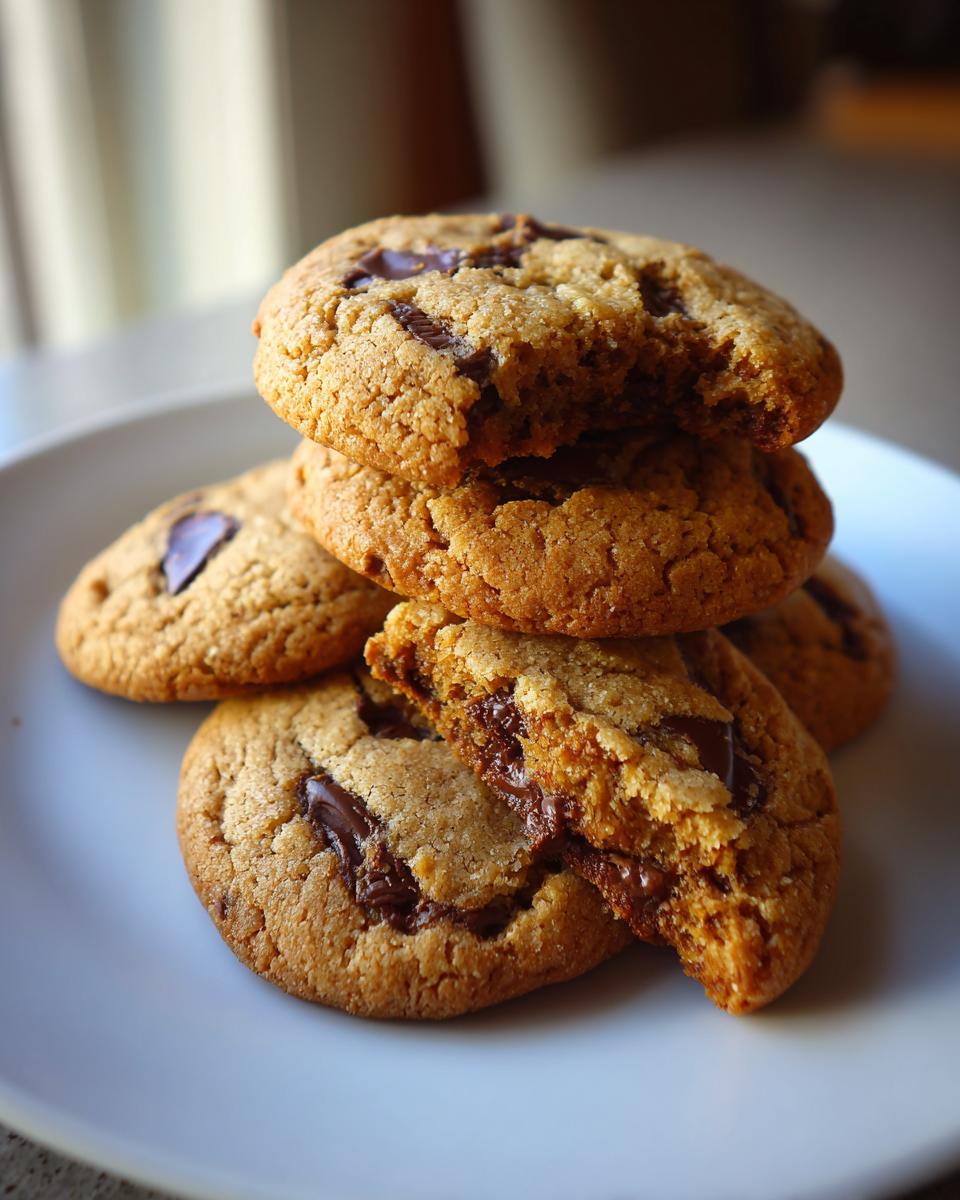 A stack of freshly baked brown butter cookies with melted chocolate chips, one cookie broken in half to show gooey center.