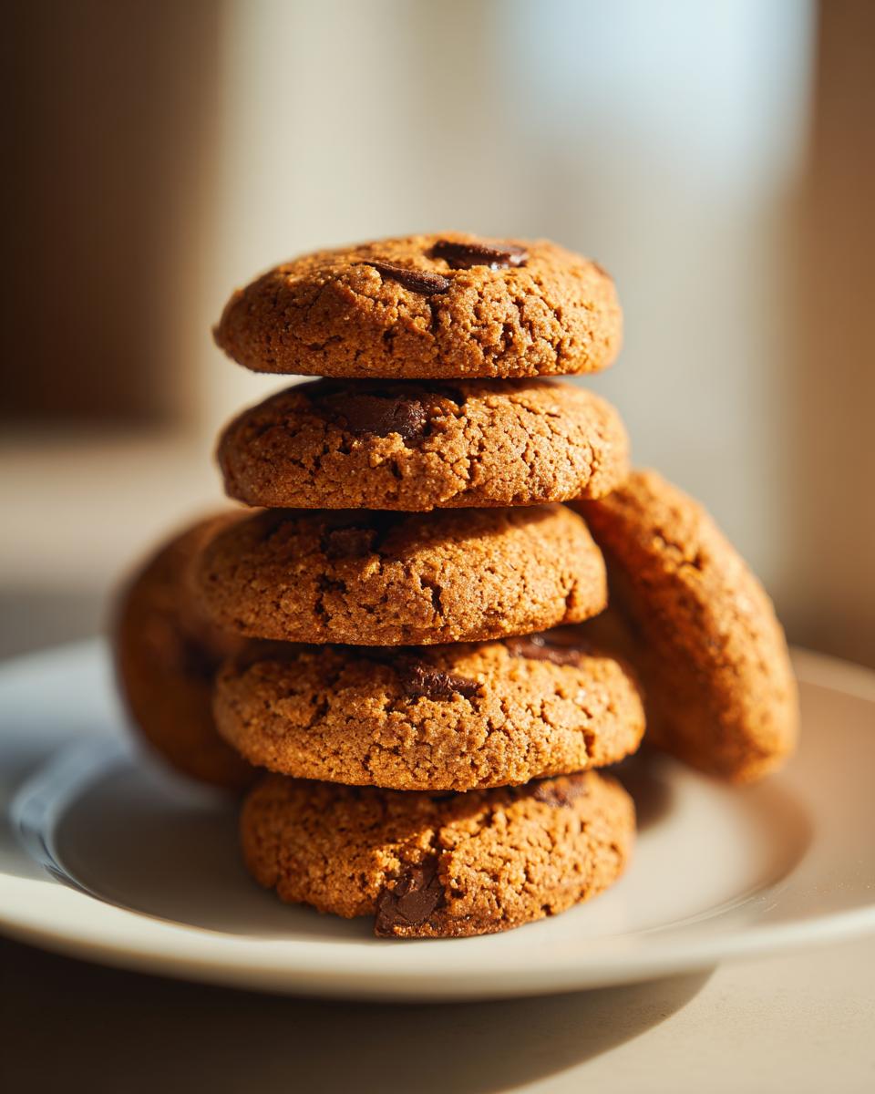 A stack of freshly baked brown butter cookies with visible chocolate chips on a white plate.