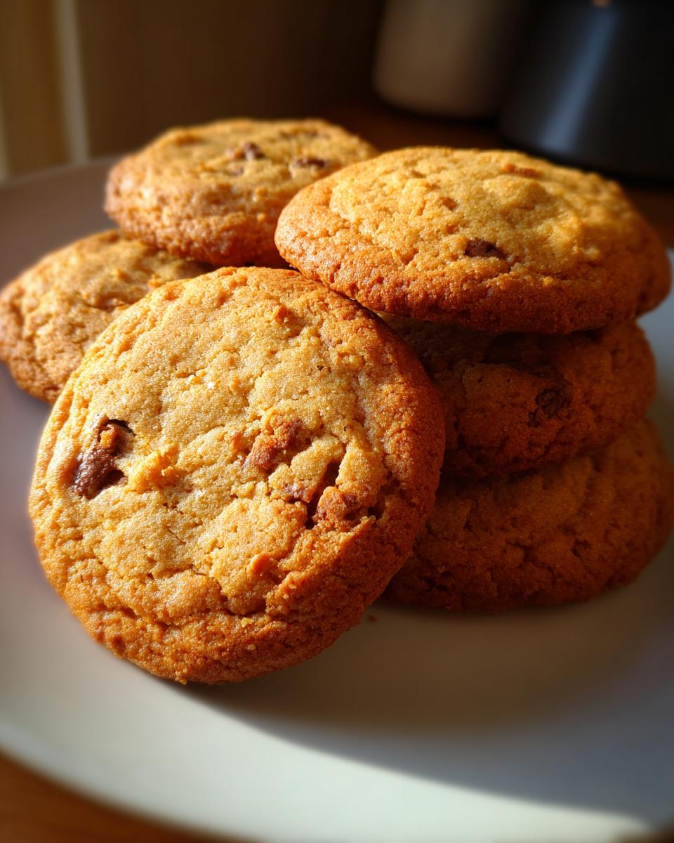 A stack of golden brown butter cookies with chocolate chips on a white plate.