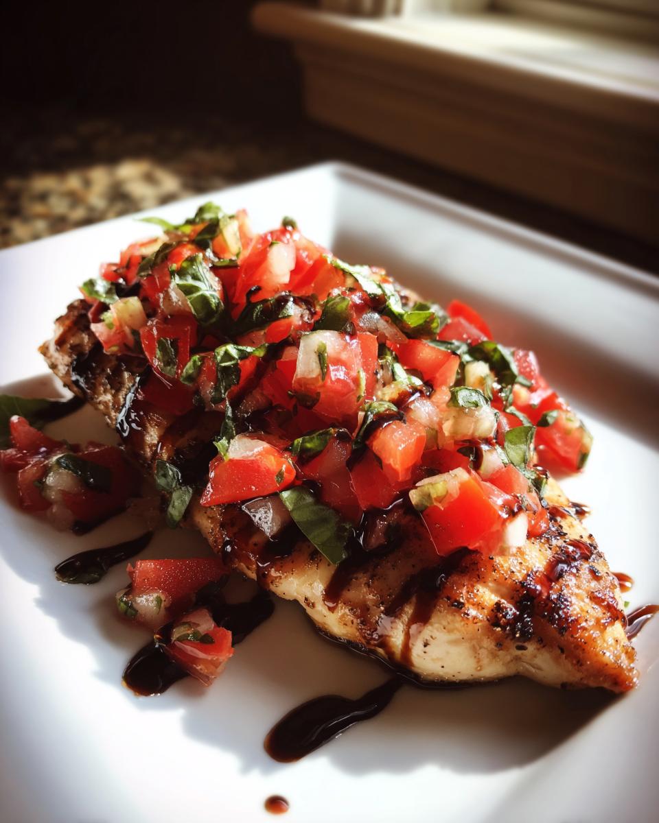 A grilled chicken breast topped with fresh bruschetta mixture and balsamic glaze, part of chicken breast recipes.