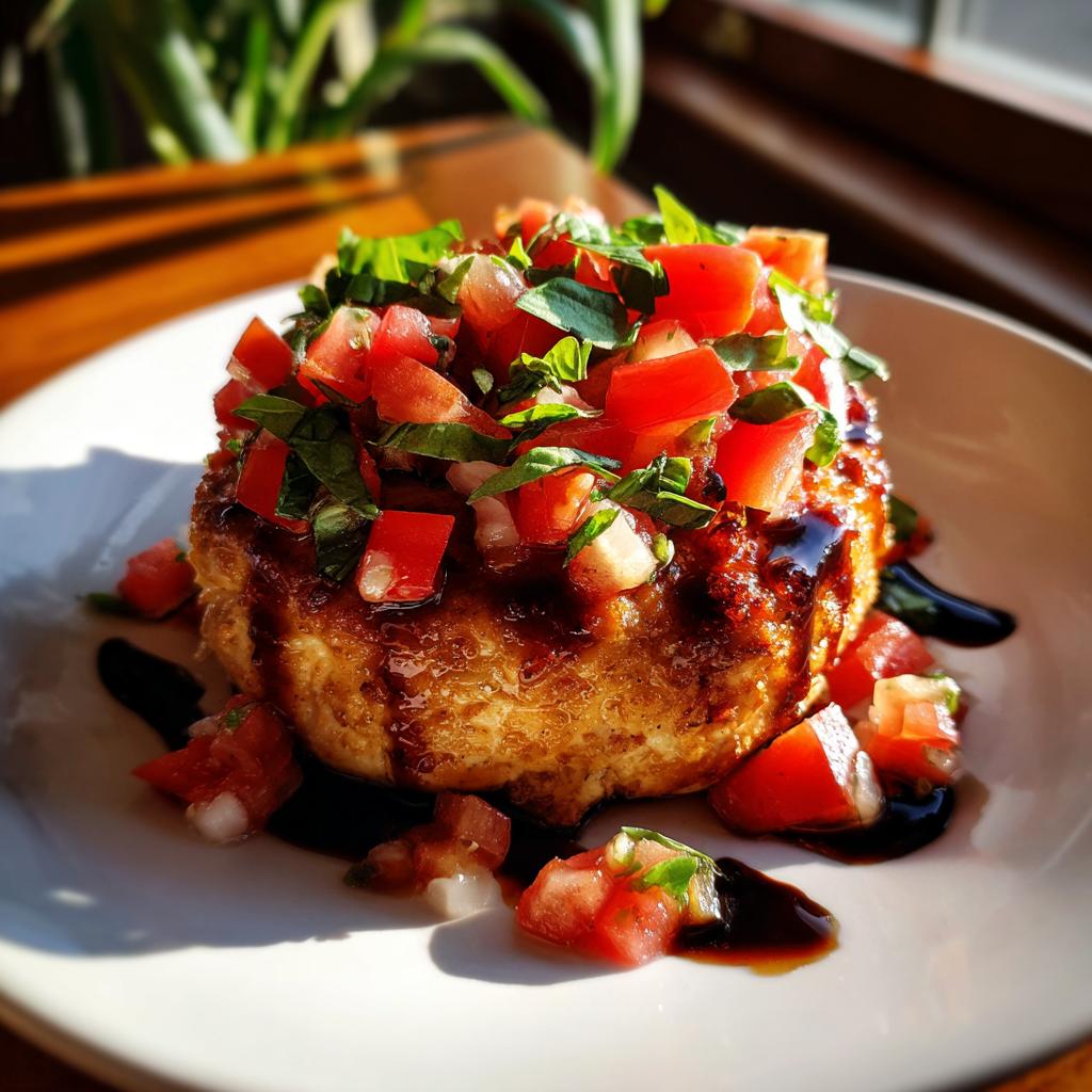 A delicious piece of chicken breast topped with fresh bruschetta and drizzled with balsamic glaze.