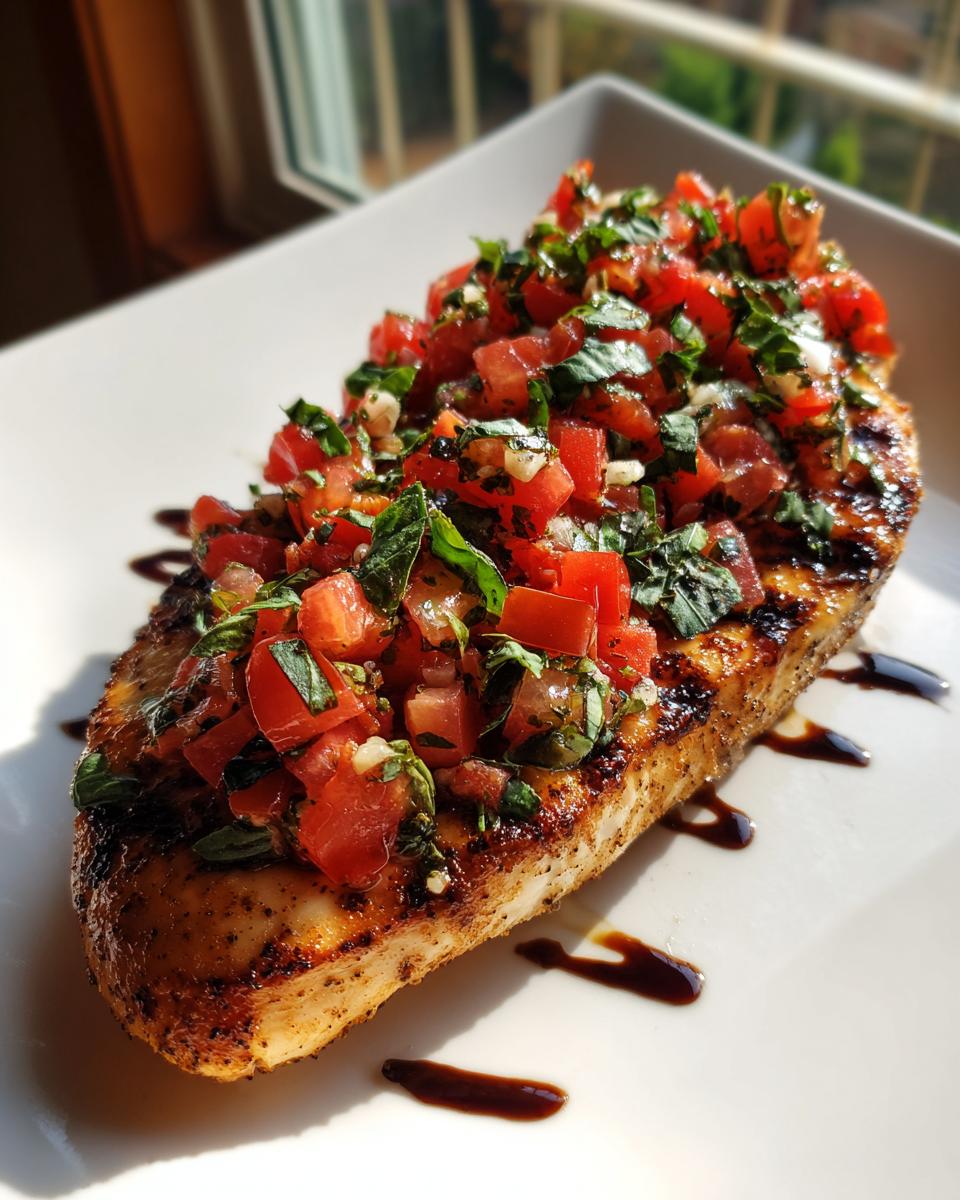 A grilled chicken breast topped with fresh tomato, basil, and garlic bruschetta topping, drizzled with balsamic glaze.