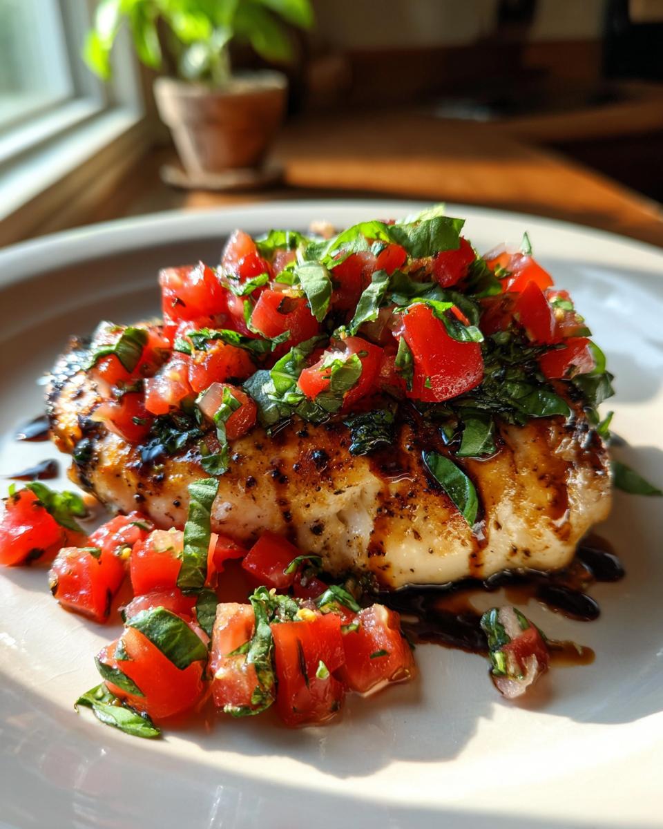 A close-up of a juicy chicken breast topped with fresh diced tomatoes and basil, drizzled with balsamic glaze.