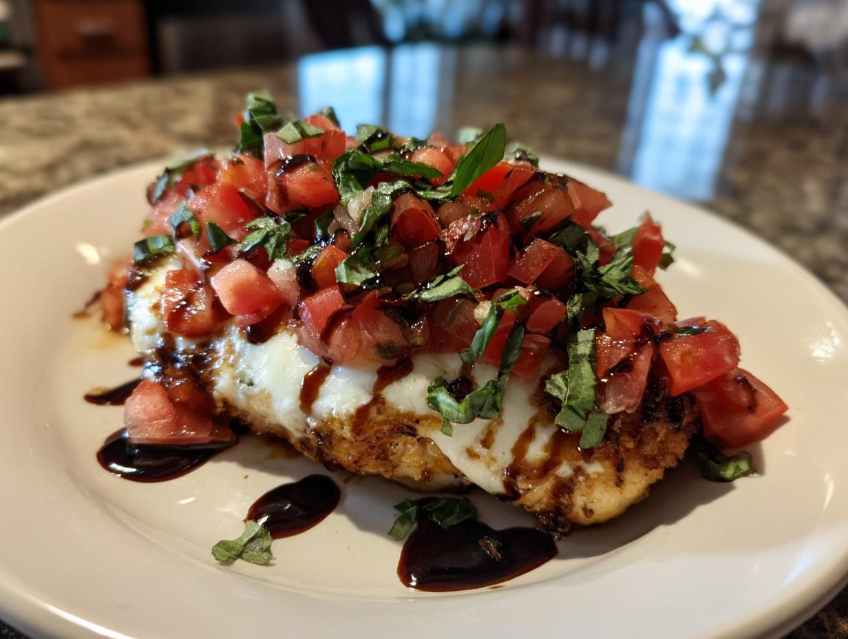 A close-up of a juicy chicken breast topped with fresh diced tomatoes, basil, melted mozzarella, and a balsamic glaze.