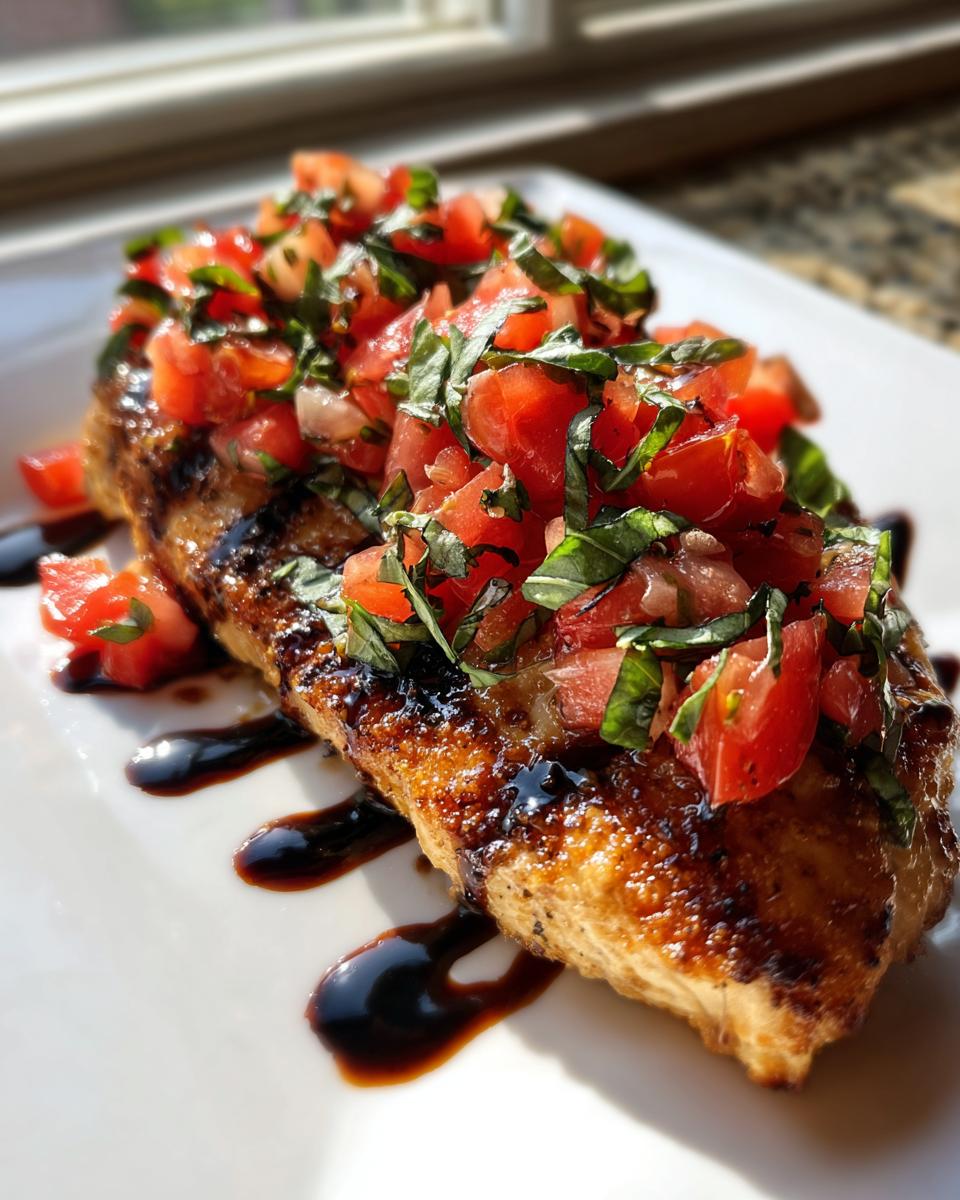 A grilled chicken breast topped with fresh diced tomatoes, basil, and drizzled with balsamic glaze.
