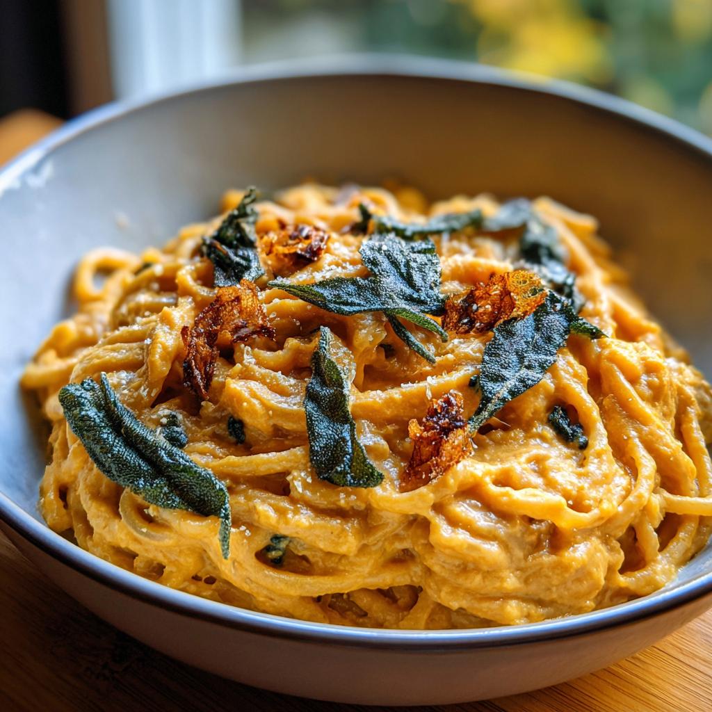A close-up of a bowl of spaghetti pasta with creamy butternut squash sauce, topped with fresh sage leaves and crispy fried bits.