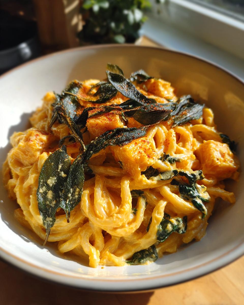 A bowl of creamy butternut squash pasta topped with crispy sage leaves and a sprinkle of paprika.