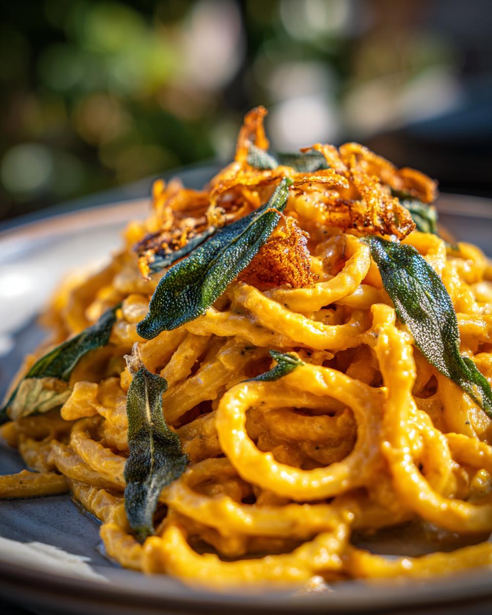 Close-up of creamy butternut squash pasta with crispy sage leaves and fried sage.