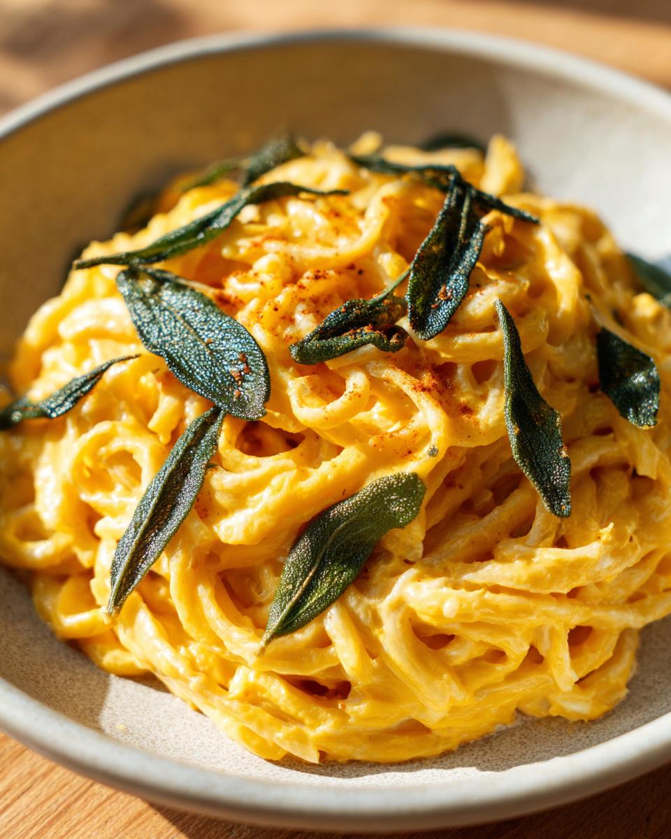 A close-up of creamy butternut squash pasta topped with crispy sage leaves and a sprinkle of paprika.