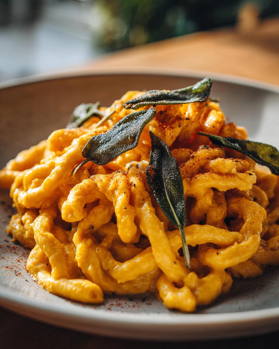 A close-up of a bowl of butternut squash pasta topped with crispy sage leaves.