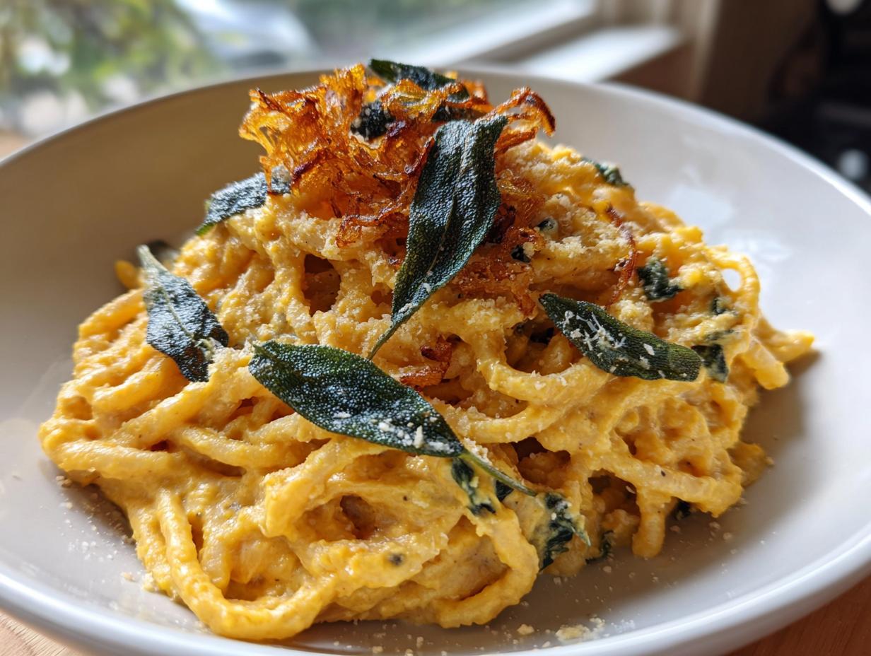 A close-up of creamy butternut squash pasta topped with fresh sage leaves and crispy fried sage.