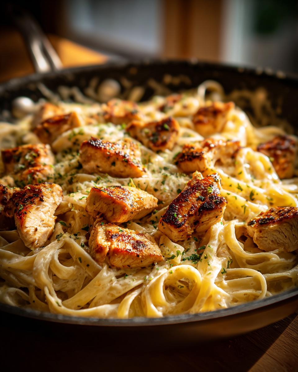 Close-up of pan-seared Cajun chicken breast pieces atop creamy fettuccine alfredo, garnished with parsley.
