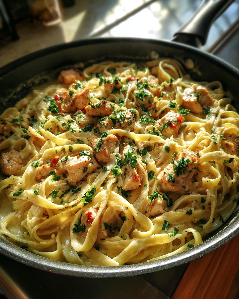 Close-up of creamy Cajun Chicken Alfredo pasta with fettuccine noodles and diced chicken breast, garnished with parsley.