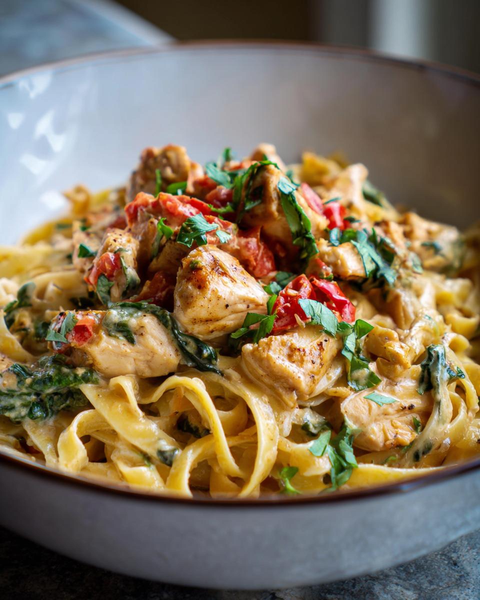 Close-up of fettuccine pasta with creamy Cajun Alfredo sauce, topped with diced chicken breast and fresh parsley.
