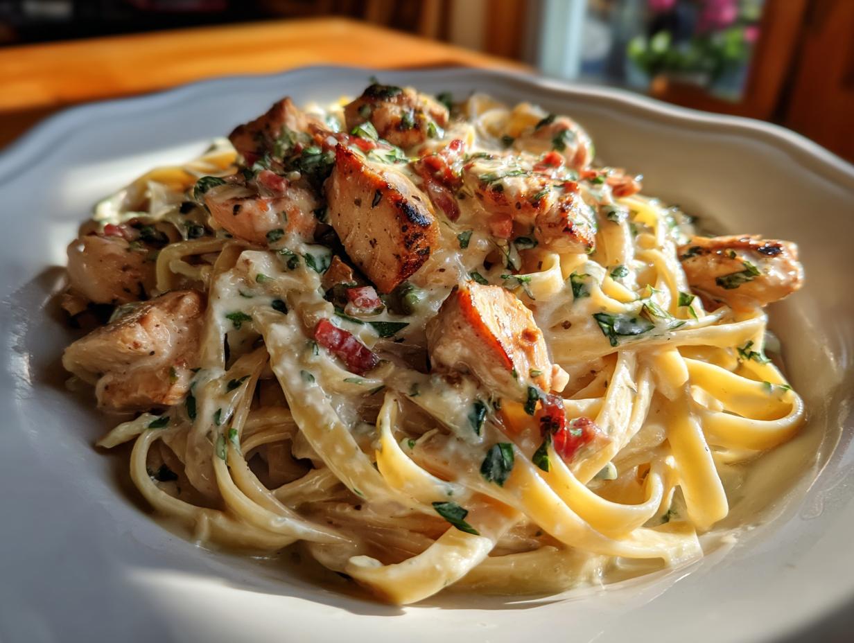 Close-up of creamy Cajun Chicken Alfredo pasta with grilled chicken breast pieces and fresh parsley.