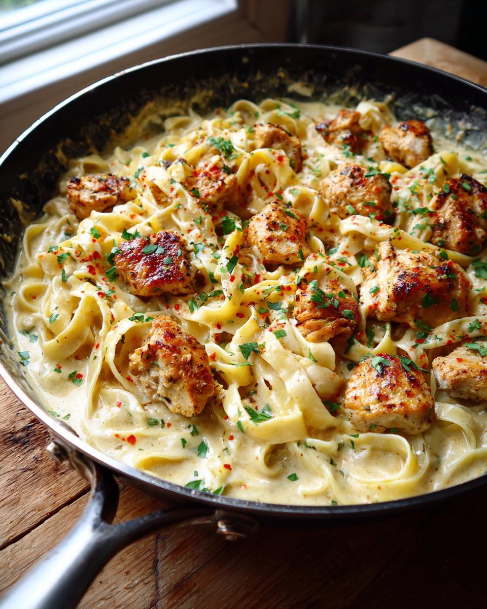 A skillet full of creamy fettuccine pasta topped with seasoned Cajun chicken pieces and fresh parsley.