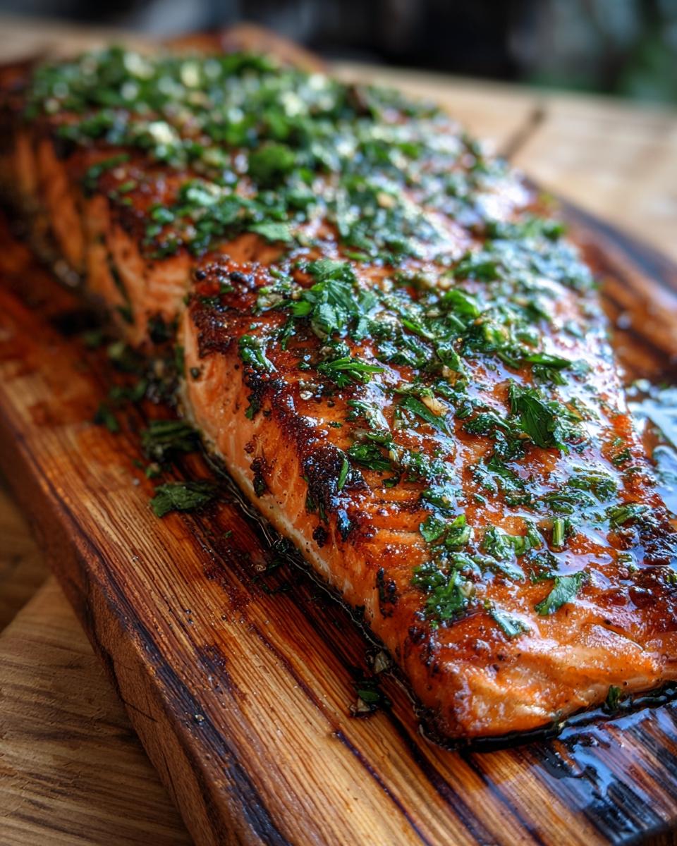 Close-up of a perfectly grilled cedar plank salmon fillet topped with fresh herbs and glistening glaze.