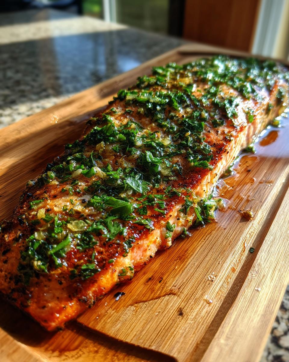 Close-up of a perfectly grilled cedar plank salmon fillet topped with fresh herbs and spices.