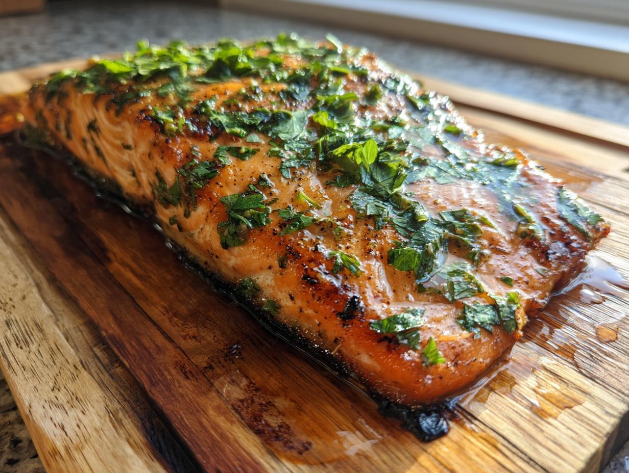 A close-up of grilled cedar plank salmon with fresh herbs, glistening and perfectly cooked.