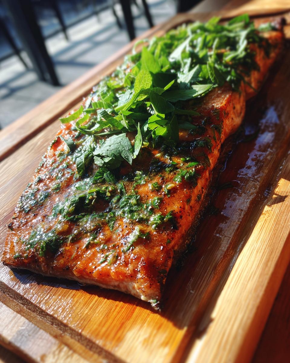 A beautifully grilled cedar plank salmon fillet topped with fresh herbs, ready to serve.