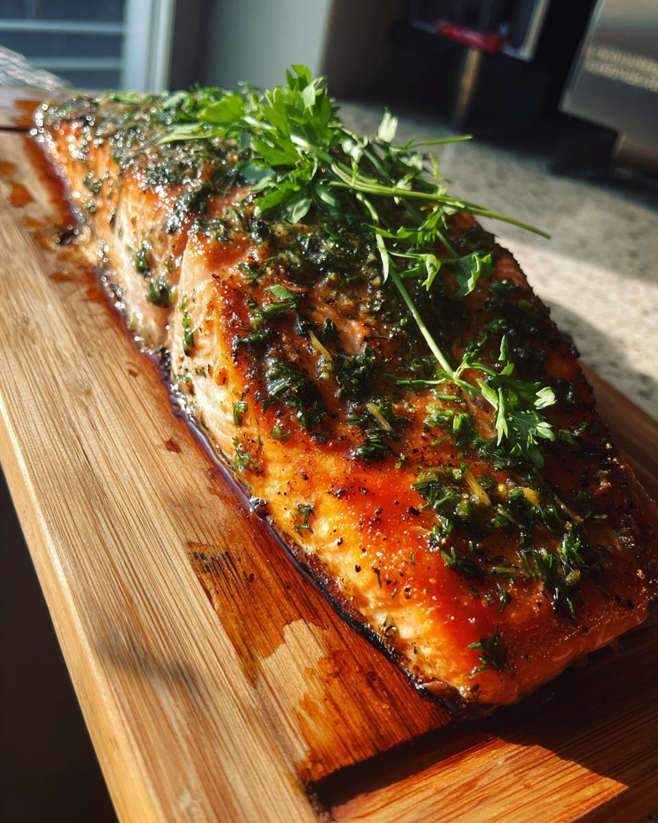 Close-up of a perfectly grilled cedar plank salmon fillet topped with fresh herbs and a glaze.
