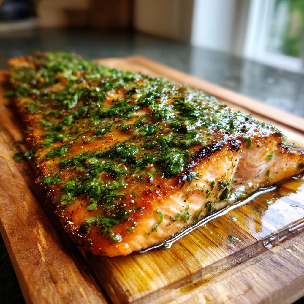 A close-up of a perfectly grilled cedar plank salmon fillet topped with fresh herbs and glistening glaze.