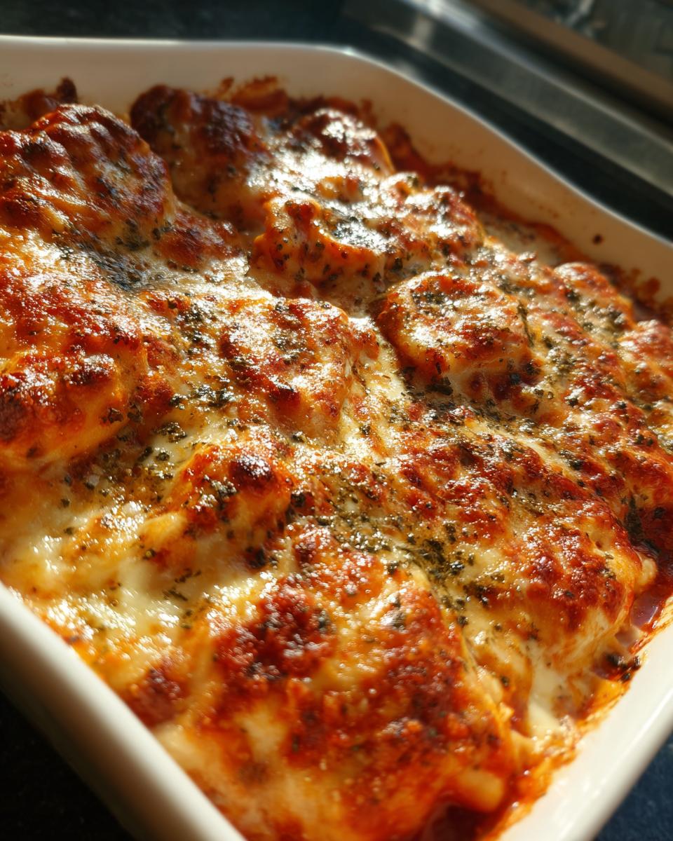 Close-up of a bubbly, cheesy ravioli bake with golden brown melted cheese and herbs.