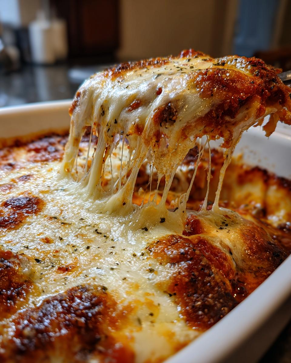 A serving spoon lifts a portion of cheesy ravioli bake, showing melted, gooey cheese strings.