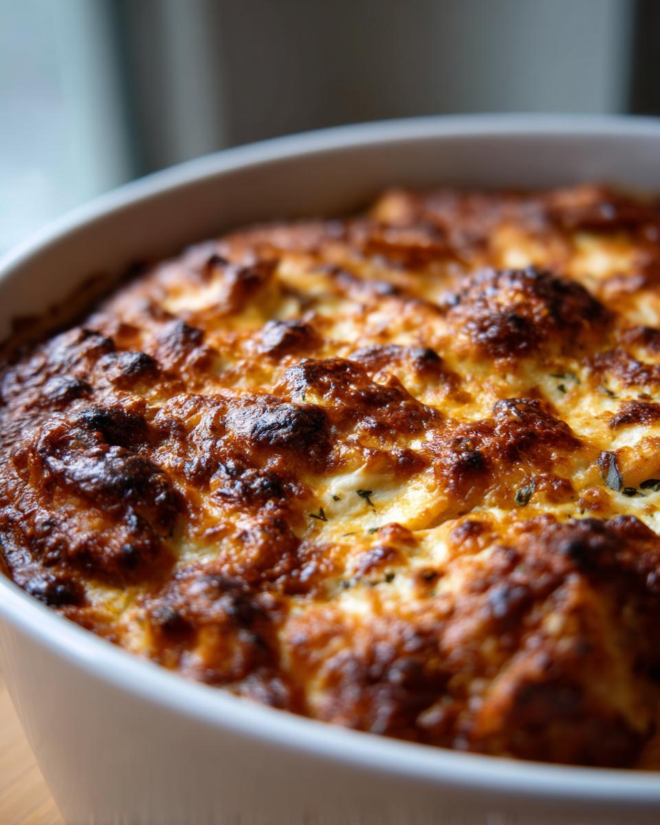 Close-up of a golden-brown, bubbly cheesy ravioli bake in a white dish, perfect for easy dinner recipes.