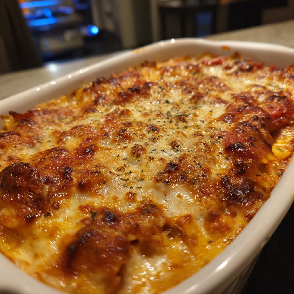 Close-up of a bubbling Cheesy Ravioli Bake, a perfect example of easy dinner recipes for cozy evenings.