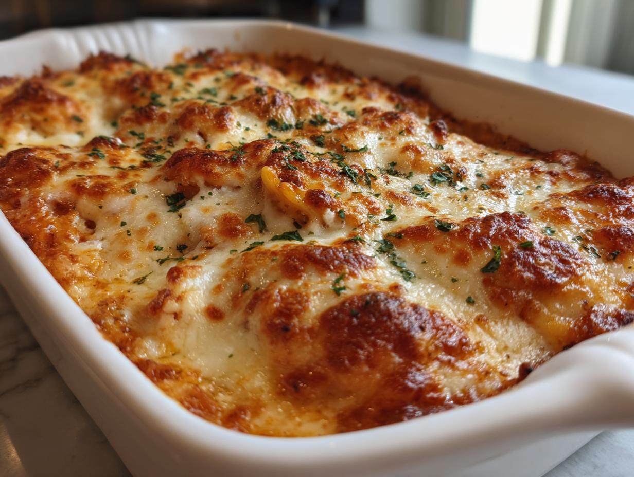 Close-up of a bubbly, cheesy ravioli bake in a white dish, sprinkled with parsley. Perfect for easy dinner recipes.