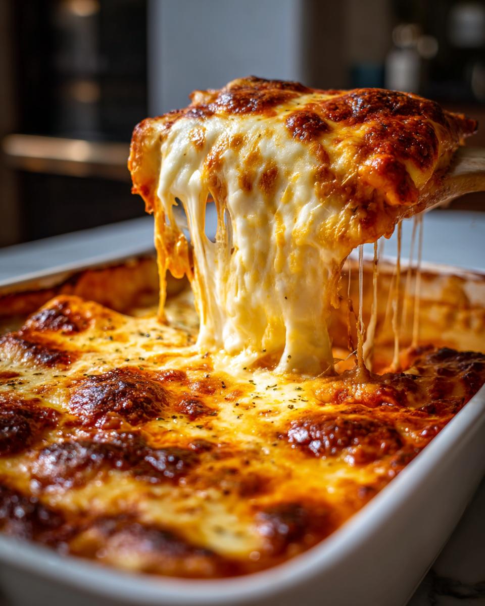 A scoop of cheesy ravioli bake being lifted from a baking dish, with melted cheese stretching.