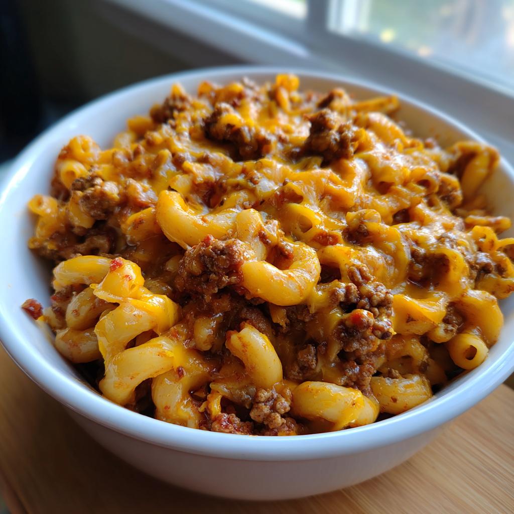 A bowl of cheesy taco pasta with ground beef and elbow macaroni, a perfect weeknight meal.