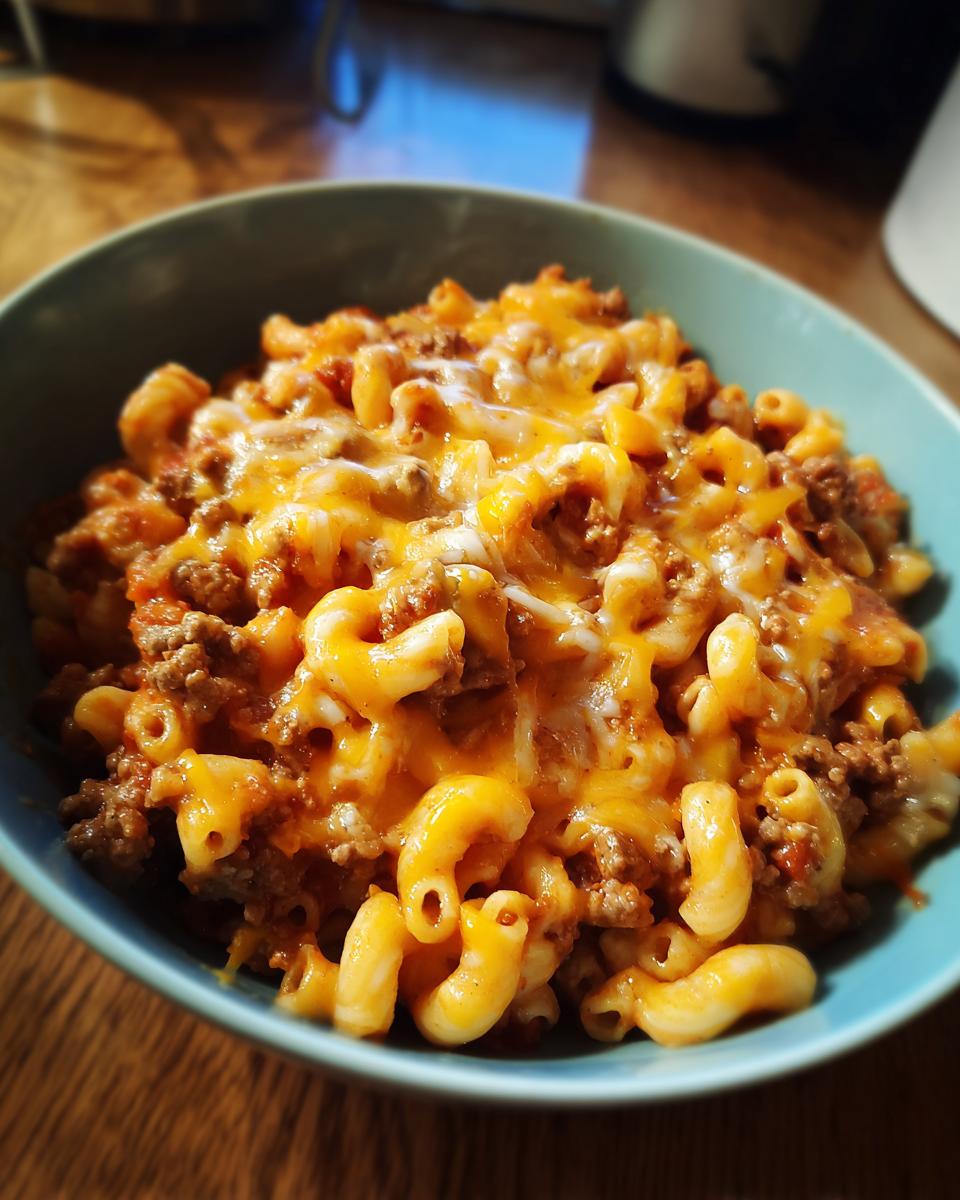 A close-up of cheesy taco pasta with ground beef in a blue bowl, a perfect weeknight meal.